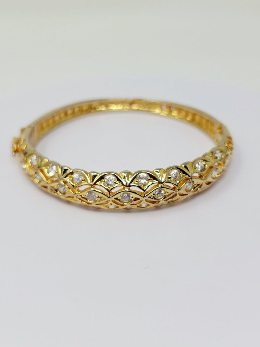 Gold Tone Rhinestone Bangle Bracelet Hinged Sparkle Elegant